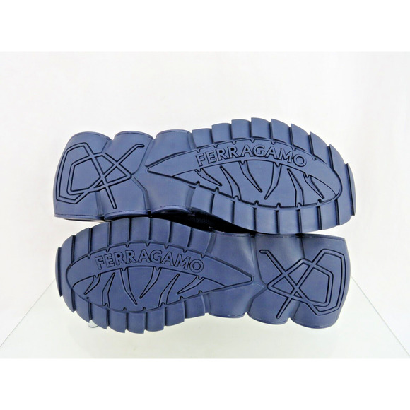 NIB FERRAGAMO DARK BLUE NIMA MESH LEATHER LOGO LOW SNEAKERS US 9.5 42.5 ITALY